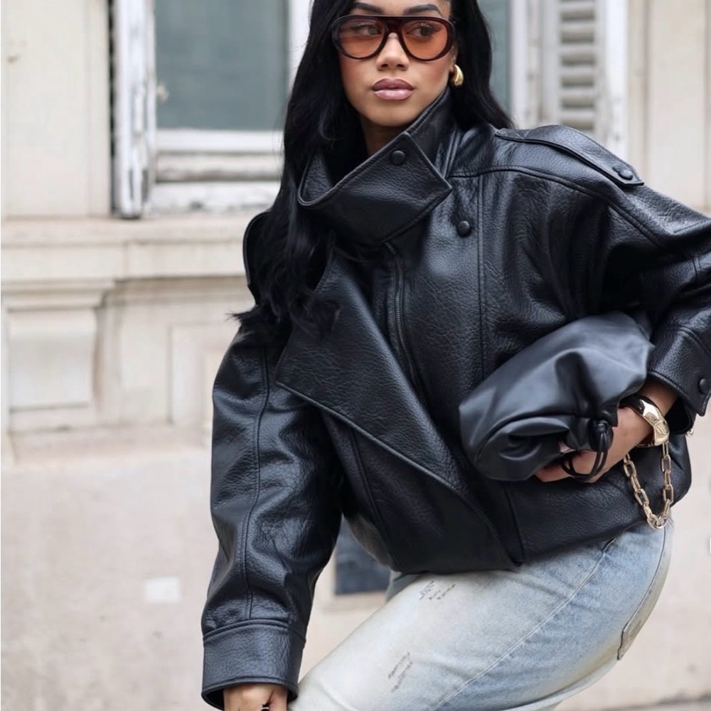 Zara Black Oversized Leather Moto Jacket